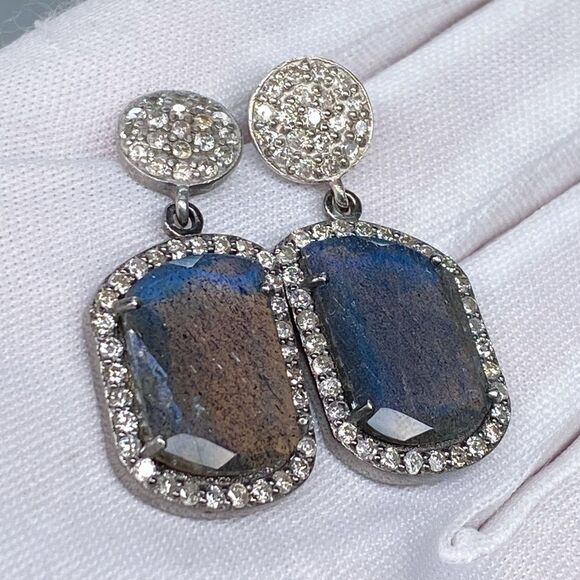 Adornia Fine Black Rhodium Sterling Silver Labradorite Diamond Drop Earrings - Picture 7 of 15